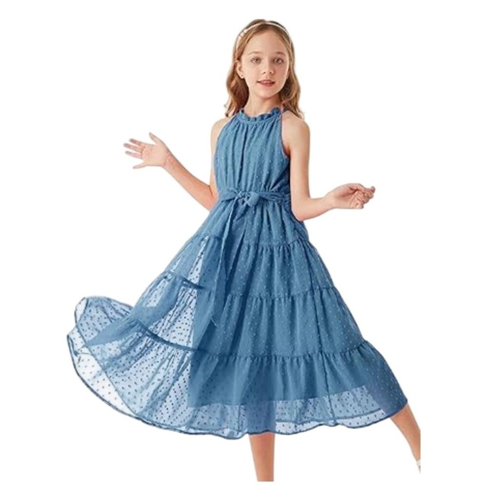 Grace Karin Girls Sleeveless Blue A-Line Flowy Swiss Dot Lined Halter Dress 12Y
